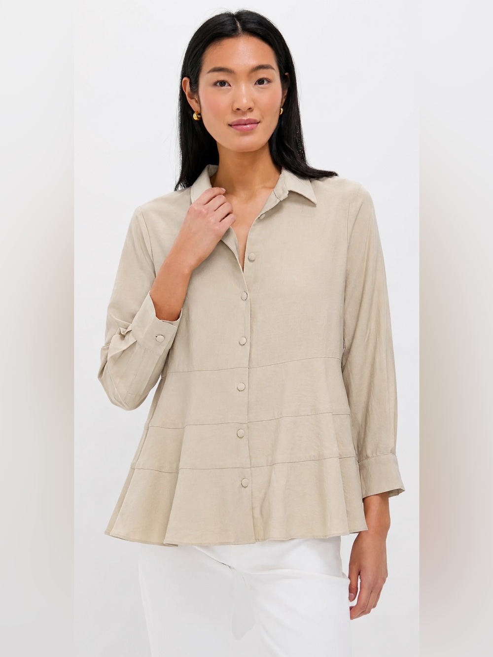 Pomander Place Tan Ashlen Blouse NWT Peplum Button Front Top Large